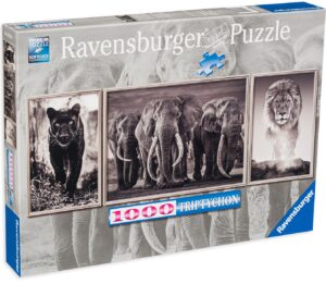 Панорамен пъзел Ravensburger от 1000 части - Пантера, лъв и слон
