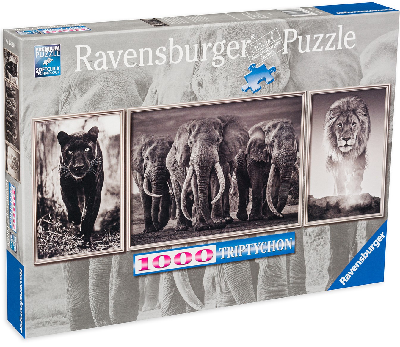 Панорамен пъзел Ravensburger от 1000 части - Пантера, лъв и слон
