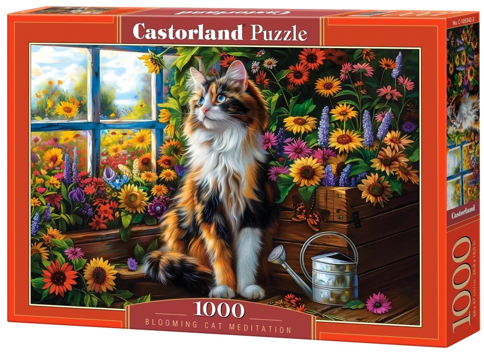 Пъзел Castorland от 1000 части - Котешка медитация сред цветя