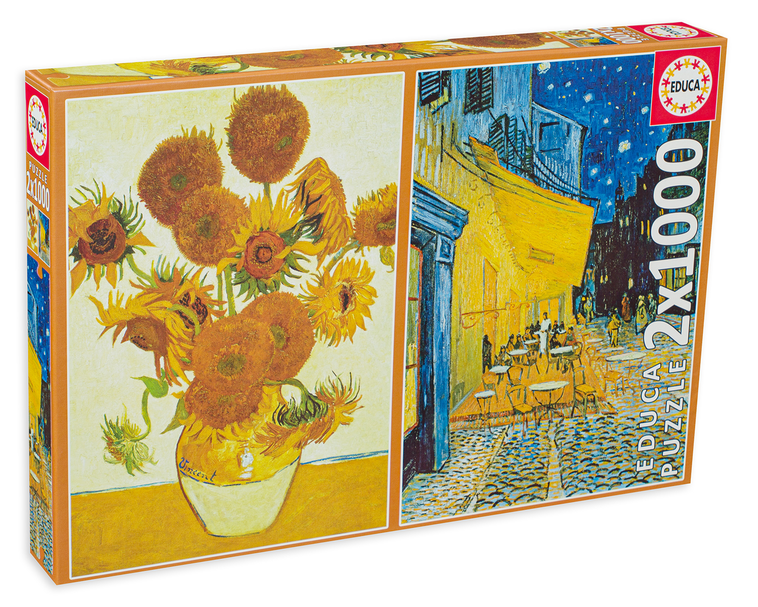 Пъзел Educa от 2 x 1000 части - Слънчогледите и Кафе тераса през нощта, Винсент ван Гог
