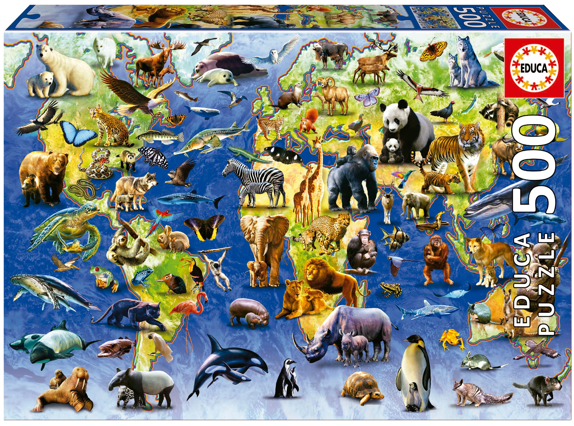 Пъзел Educa от 500 части - Сто застрашени от изчезване видове животни