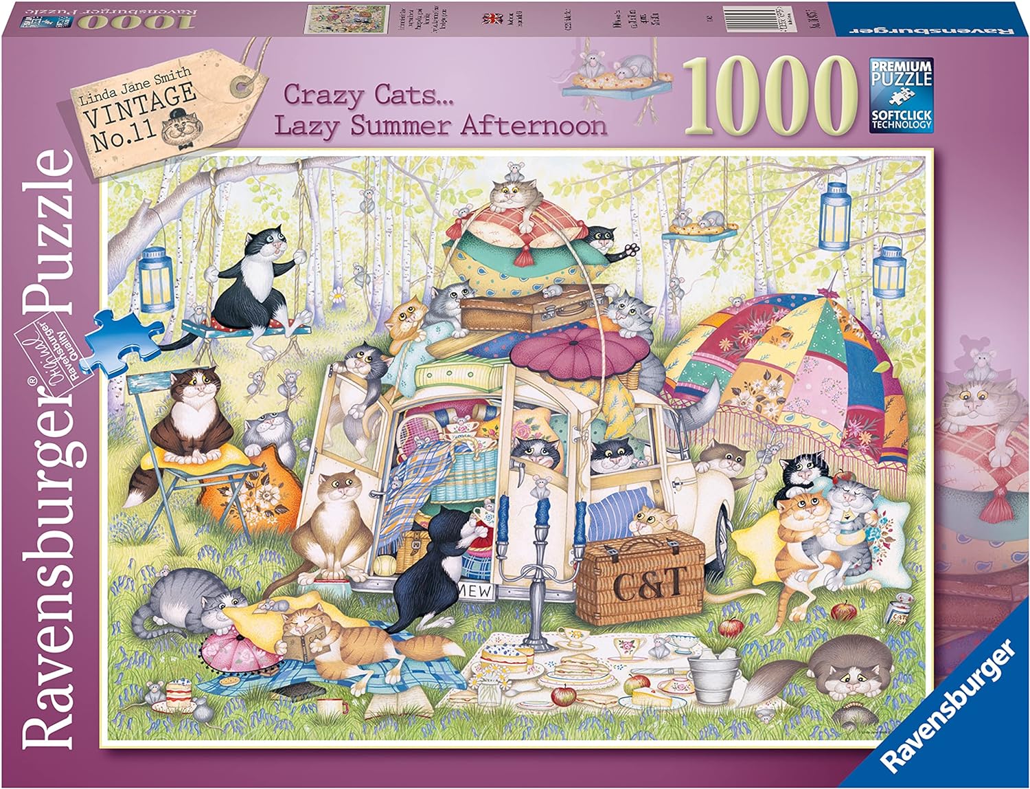Пъзел Ravensburger от 1000 части - Луди котки: Мързелив летен следобед