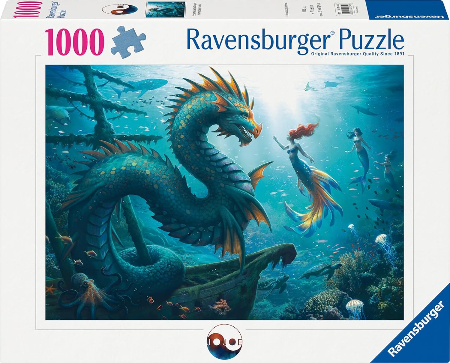 Пъзел Ravensburger от 1000 части - Вълшебни дълбини: Дракон, русалка и костенурки
