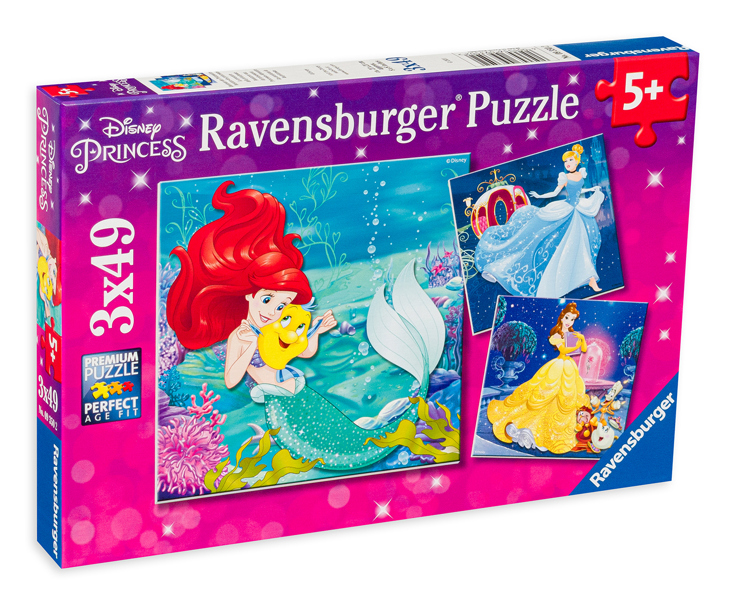 Пъзел Ravensburger от 3 x 49 части - Ариел, Бел, Пепеляшка