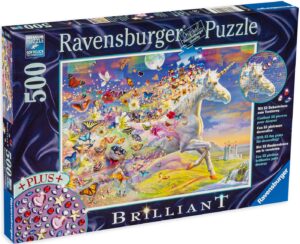 Блестящ пъзел Ravensburger от 500 части - Еднорог и пеперуди