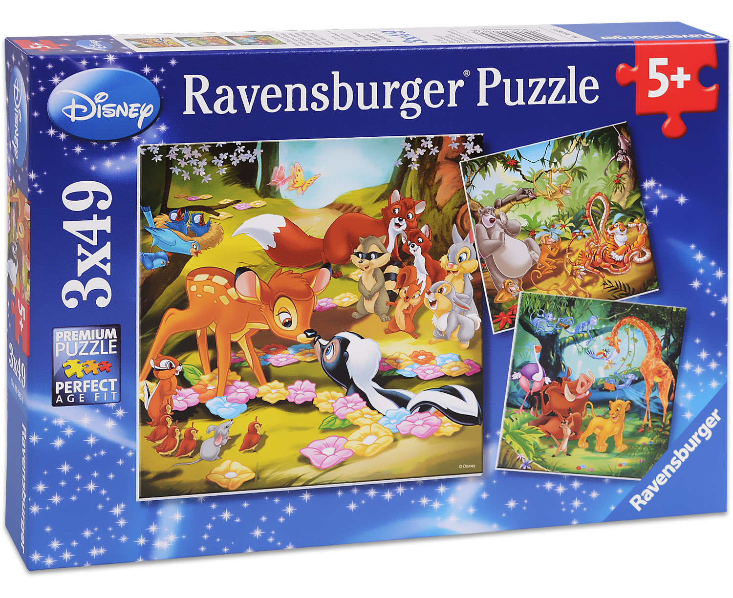 Пъзел Ravensburger от 3 x 49 части - Бамби, Балу и Симба