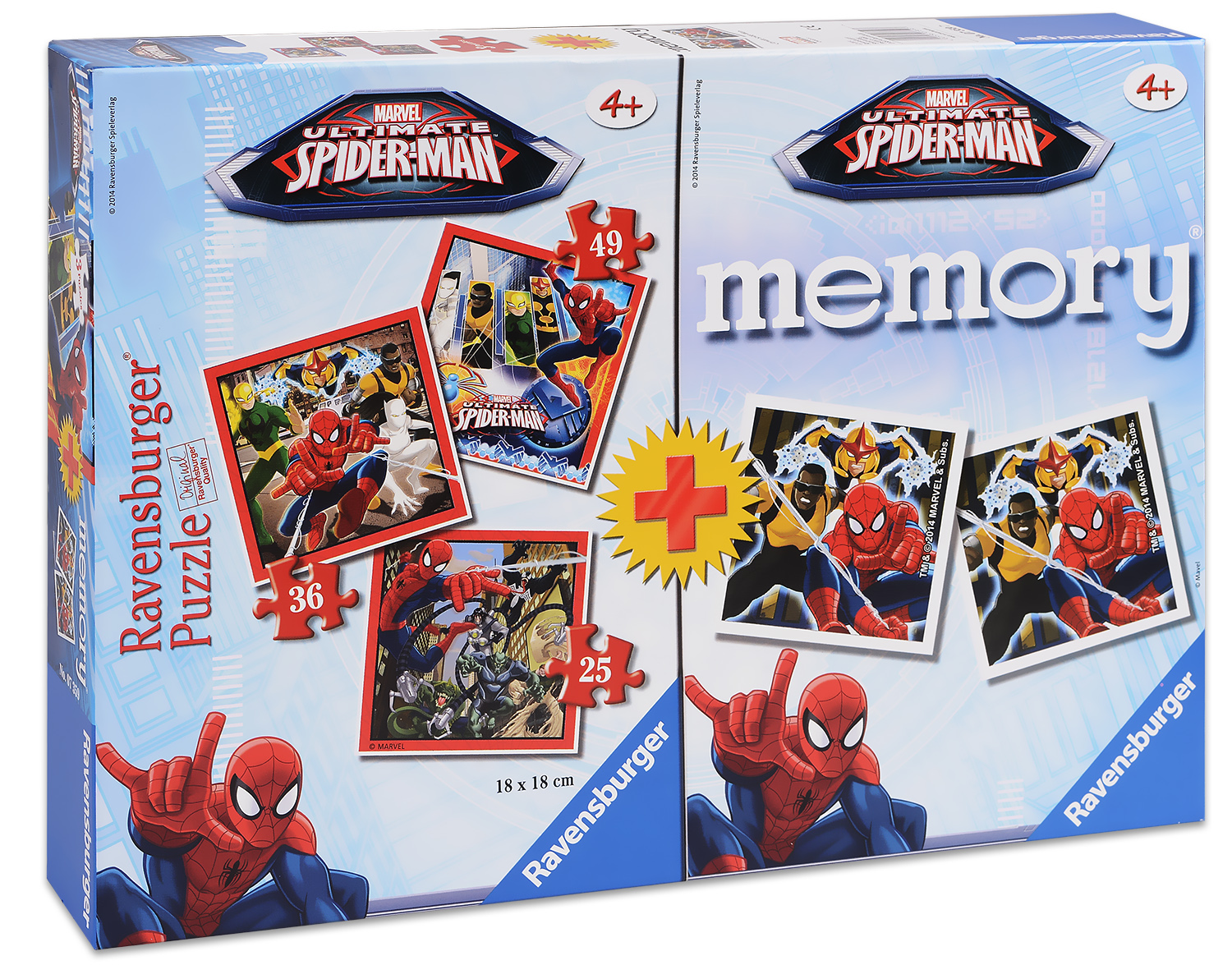 Комплект 3 пъзела и мемори игра Ravensburger - Човекът Паяк