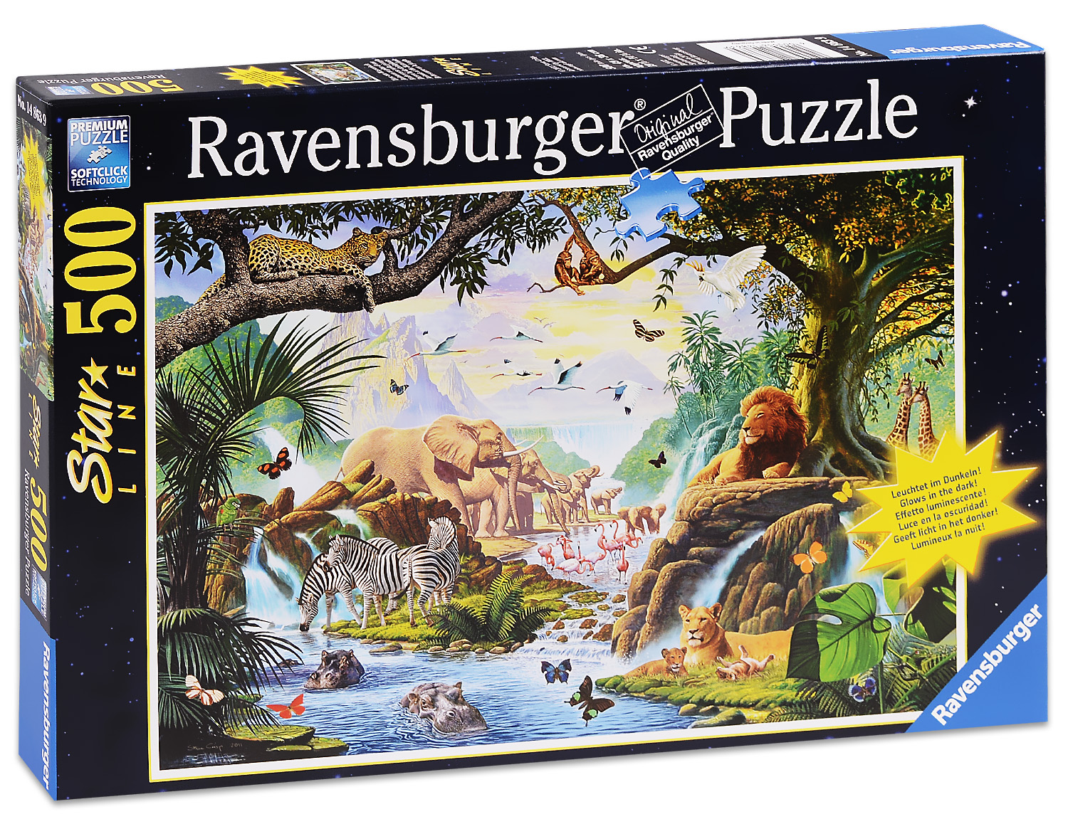 Светещ пъзел Ravensburger от 500 части - Животни до водопада