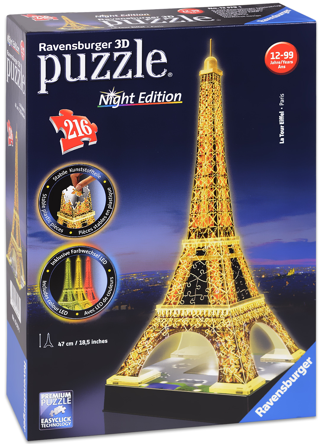 3D пъзел Ravensburger от 216 части - Айфеловата Кула, със светлини