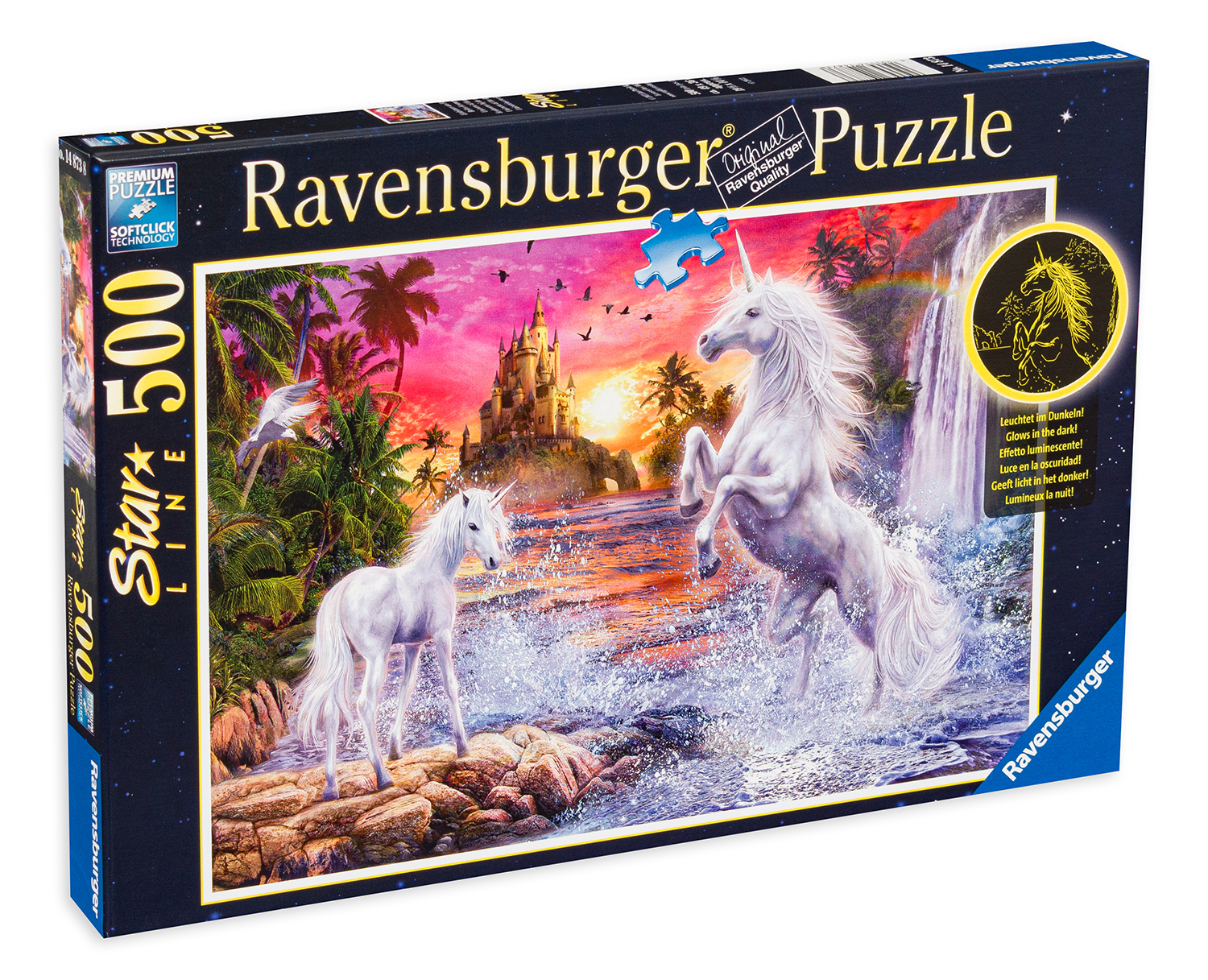 Светещ пъзел Ravensburger от 500 части - Еднорози във вода