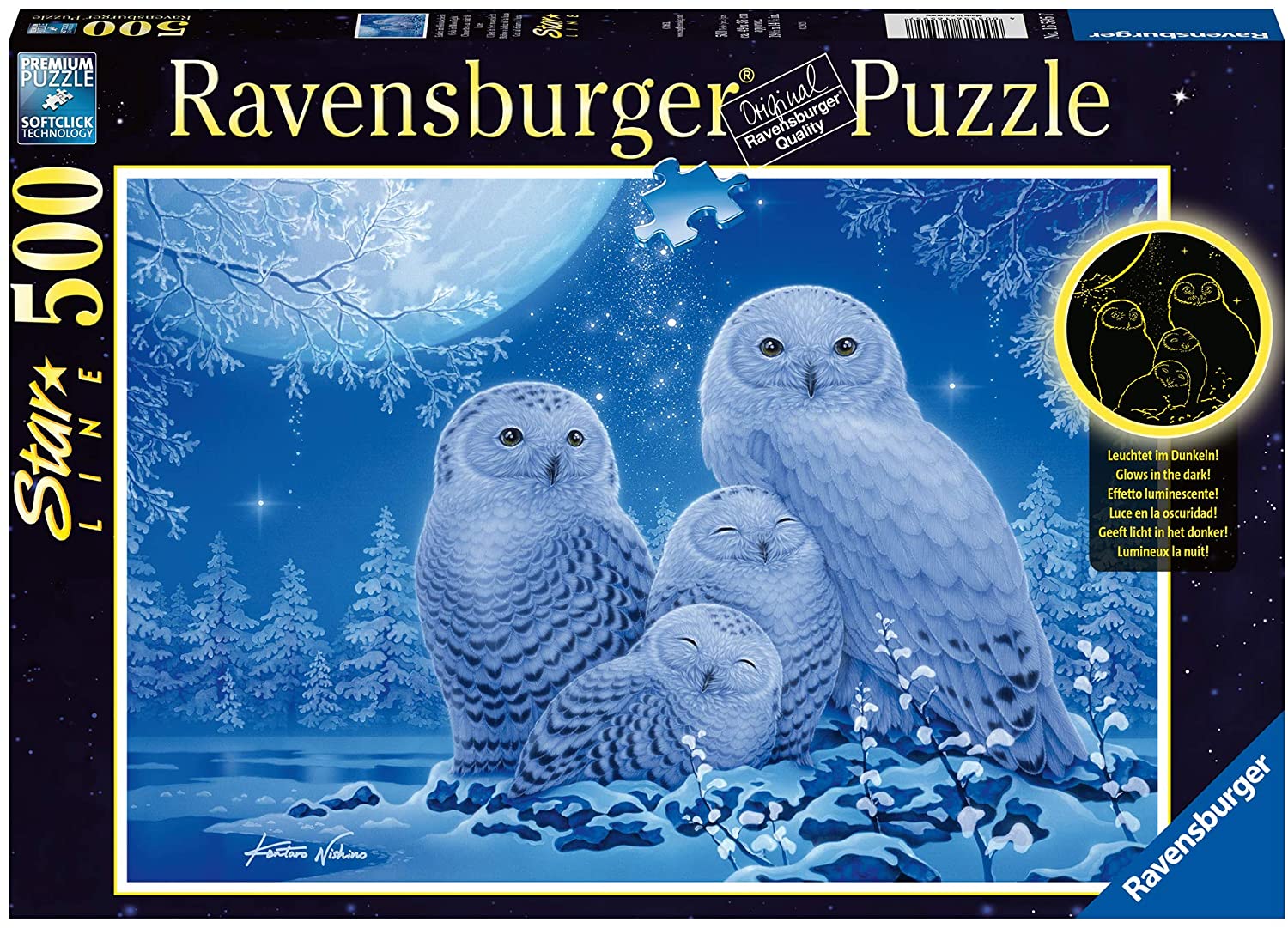 Светещ пъзел Ravensburger от 500 части - Сови на лунна светлина