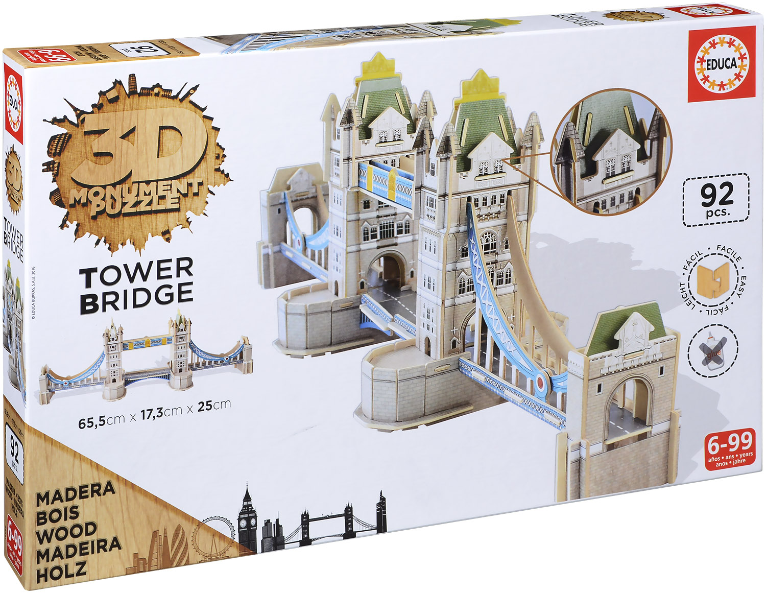3D дървен пъзел Educa от 92 части - Тауър Бридж