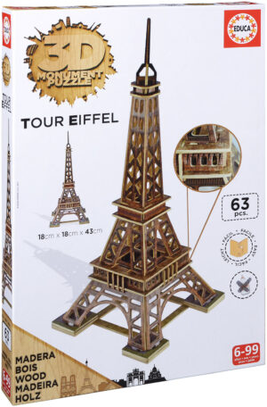 3D дървен пъзел Educa от 53 части - Айфеловата кула