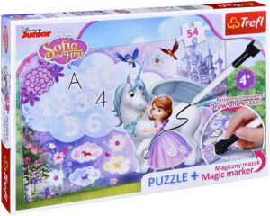 Комплект пъзел Trefl от 54 части с магически маркер - София и нейният еднорог