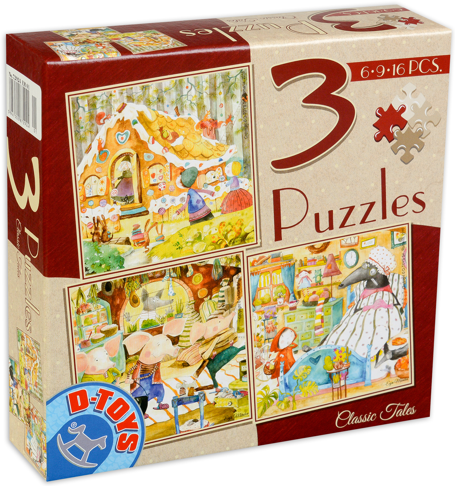 Пъзел D-Toys 3 в 1 - Класически приказки, Хензел и Гретел, Трите прасенца, Червената шапчица