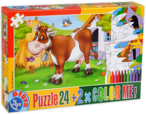 Пъзел D-Toys от 24 части с 2 картини за оцветяване и пастели - Крава