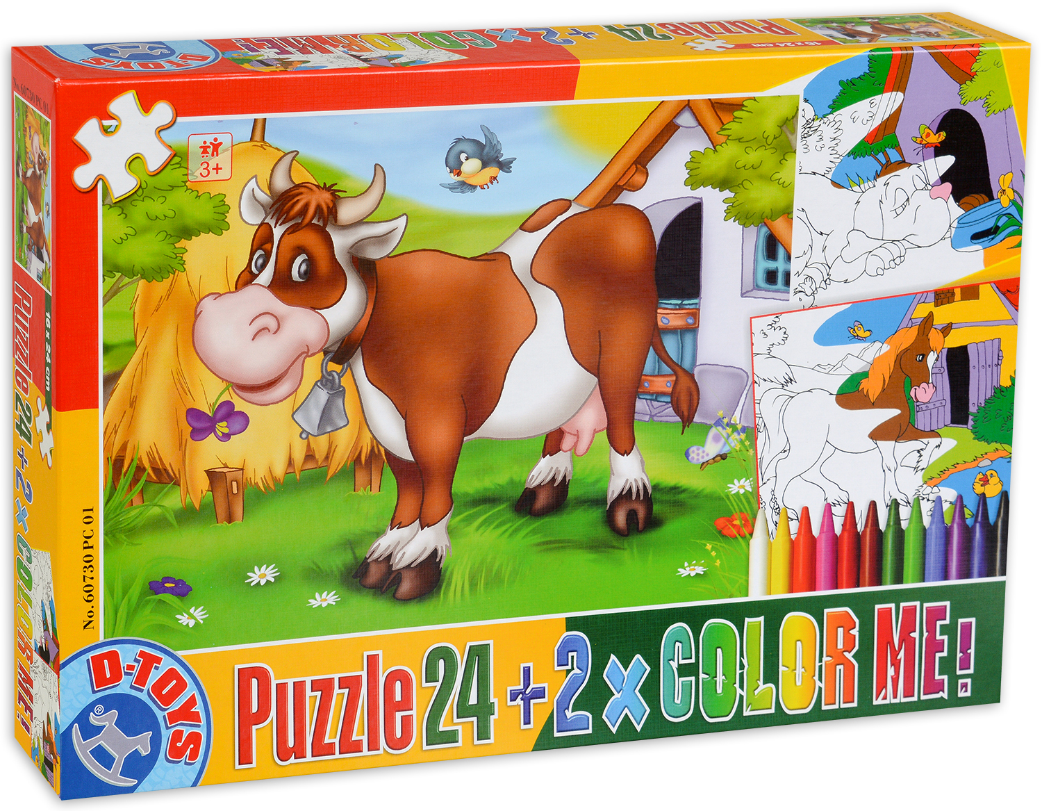 Пъзел D-Toys от 24 части с 2 картини за оцветяване и пастели - Крава