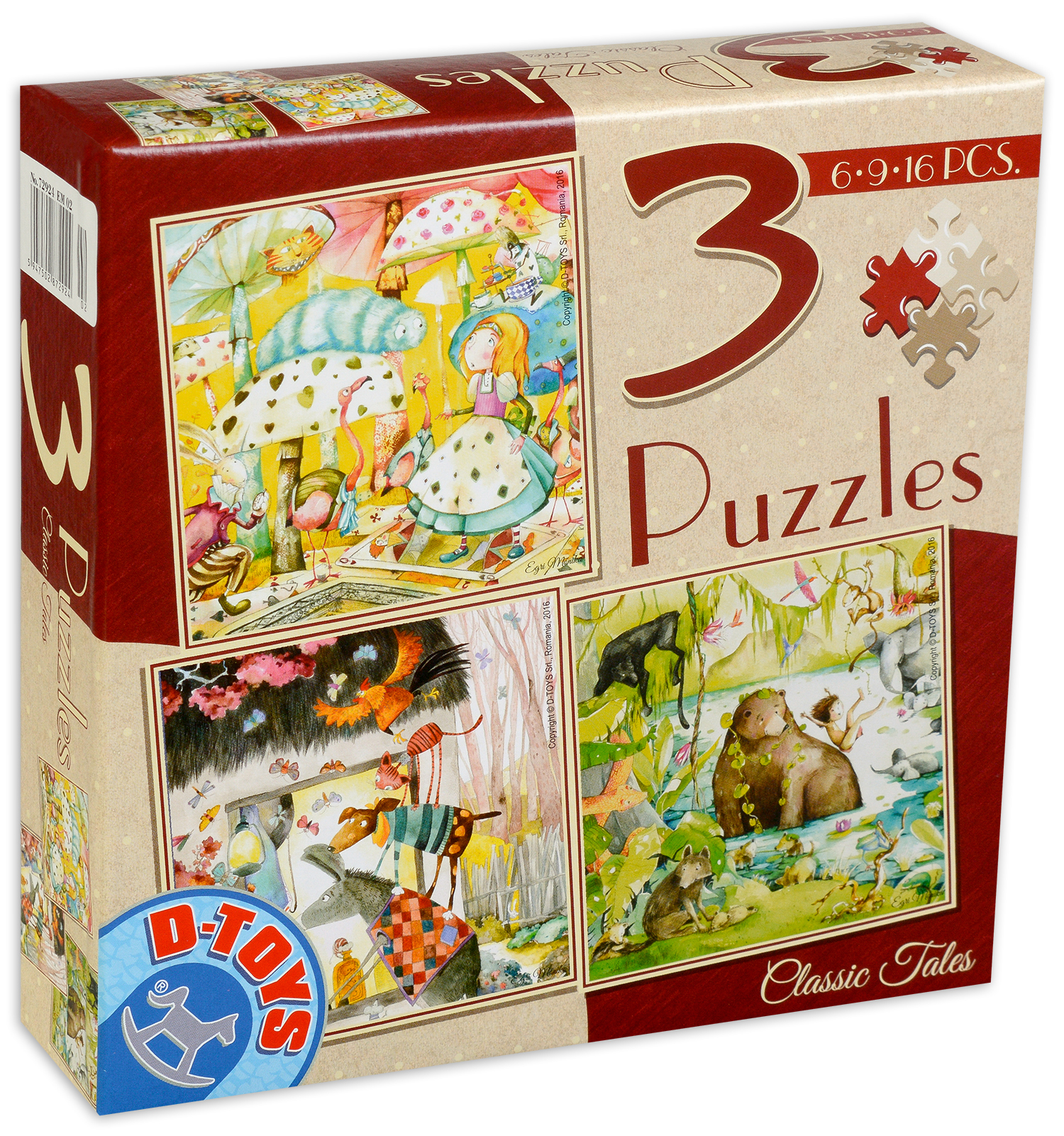 Пъзел D-Toys 3 в 1 - Класически приказки, Алиса, Маугли, Бременските музиканти