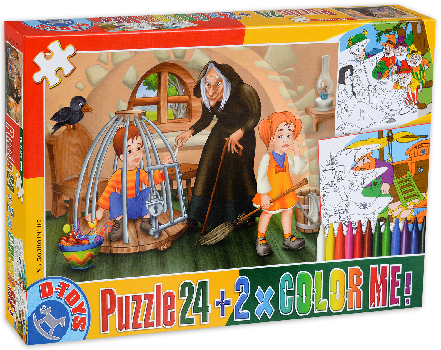 Пъзел D-Toys от 24 части с 2 картини за оцветяване и пастели Хензел и Гретел