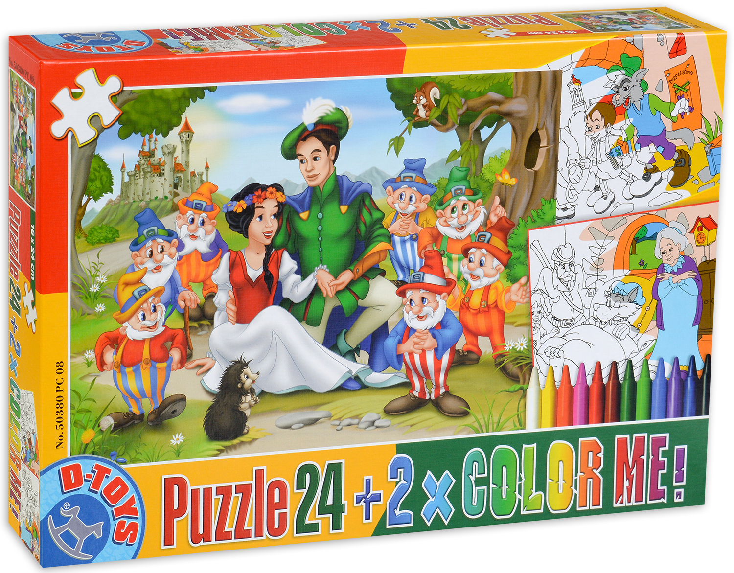 Пъзел D-Toys от 24 части с 2 картини за оцветяване и пастели Снежанка и седемте джуджета