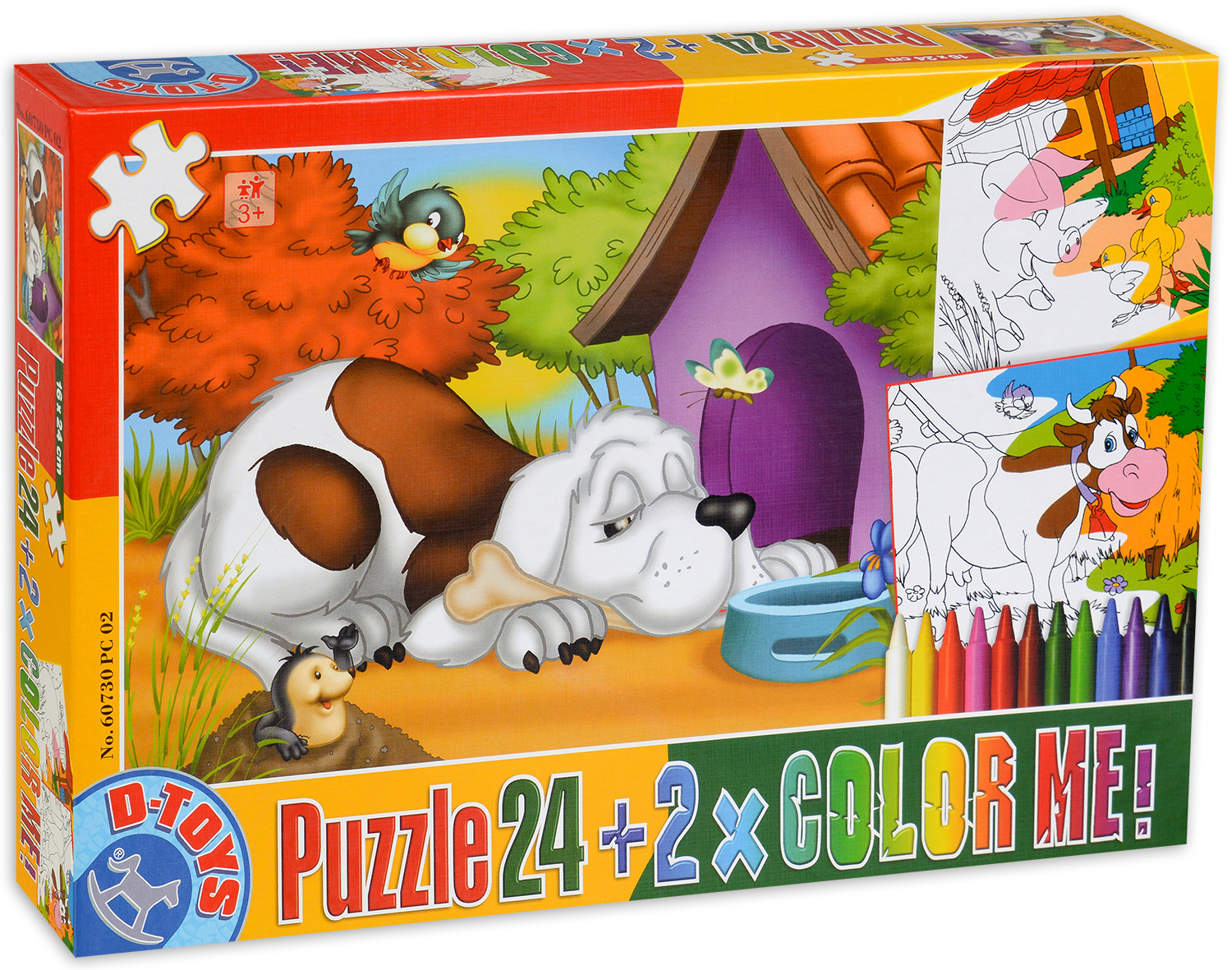 Пъзел D-Toys от 24 части с 2 картини за оцветяване и пастели Куче