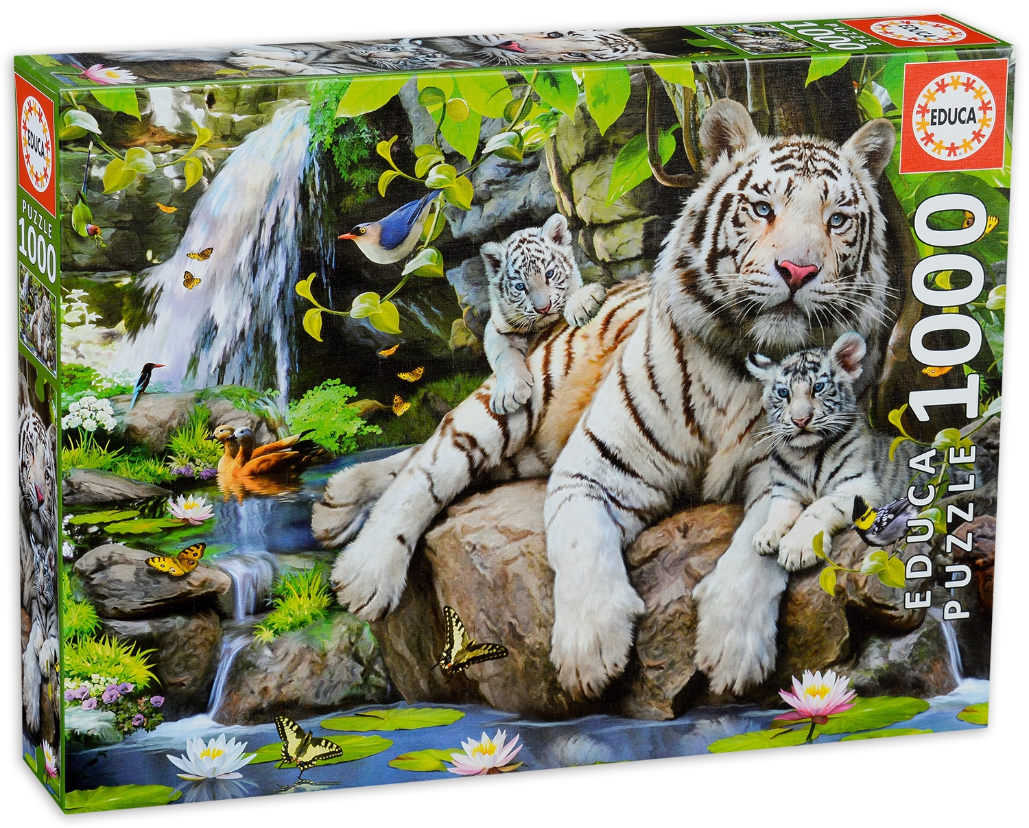Пъзел Educa от 1000 части - Бял бенгалски тигър с малките си
