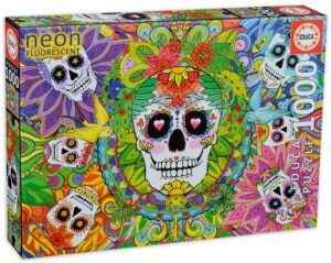 Неонов пъзел Educa от 1000 части - Цветни черепи