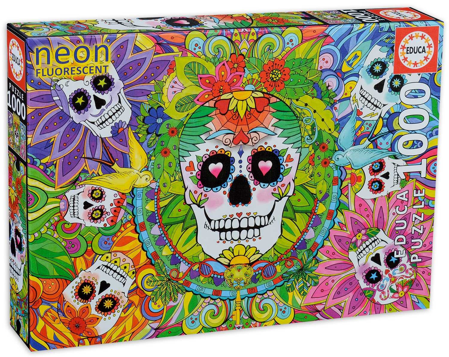 Неонов пъзел Educa от 1000 части - Цветни черепи