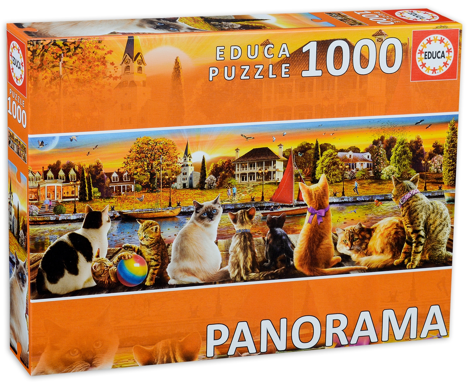 Панорамен пъзел Educa от 1000 части - Котки на кея